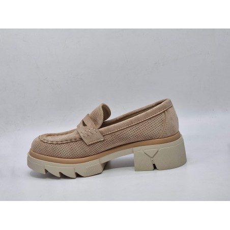 Ażurowe półbuty, mokasyny damskie khaki na platformie - 8