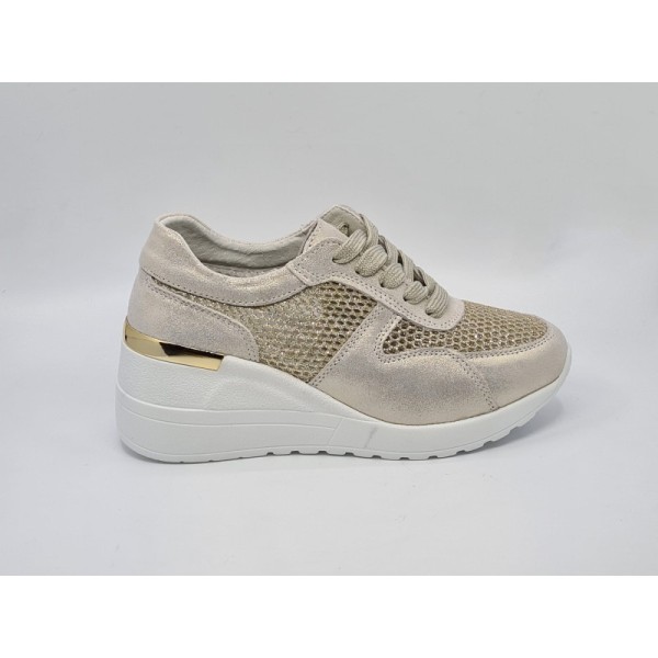 Złote sneakersy, półbuty sportowe damskie na koturnie S.Barski 97705 skóra - 1
