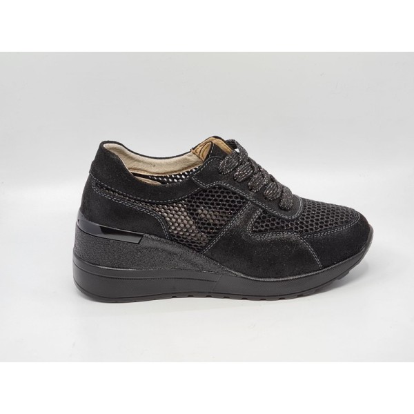 Czarne sneakersy, półbuty sportowe damskie na koturnie S.Barski 97705 skóra - 1