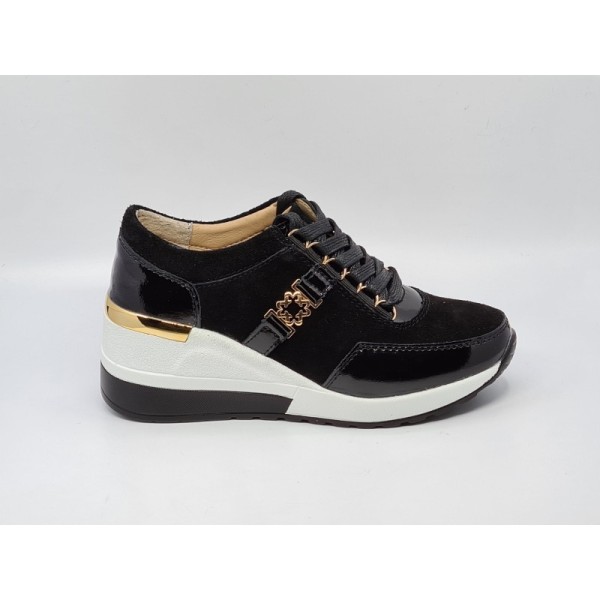 Czarne sneakersy, półbuty sportowe damskie na koturnie D&A 94865 skóra - 1